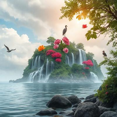 Primary subject: A beautiful island with a waterfall, surrounded by a forest filled with flowers.

Setting/background: The island is located in a body of water, with a waterfall cascading down the side of the island. The forest is lush and green, filled with flowers and birds.

Visual style: The image is a digital artwork, featuring a vibrant and colorful scene.

Colors and mood: The colors in the image are predominantly shades of green, pink